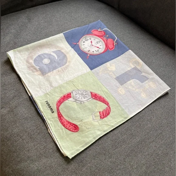 Renoma Paris Vintage Scarf Watches Table Oclock Eye Glass Print 21@x21” - Picture 9 of 11